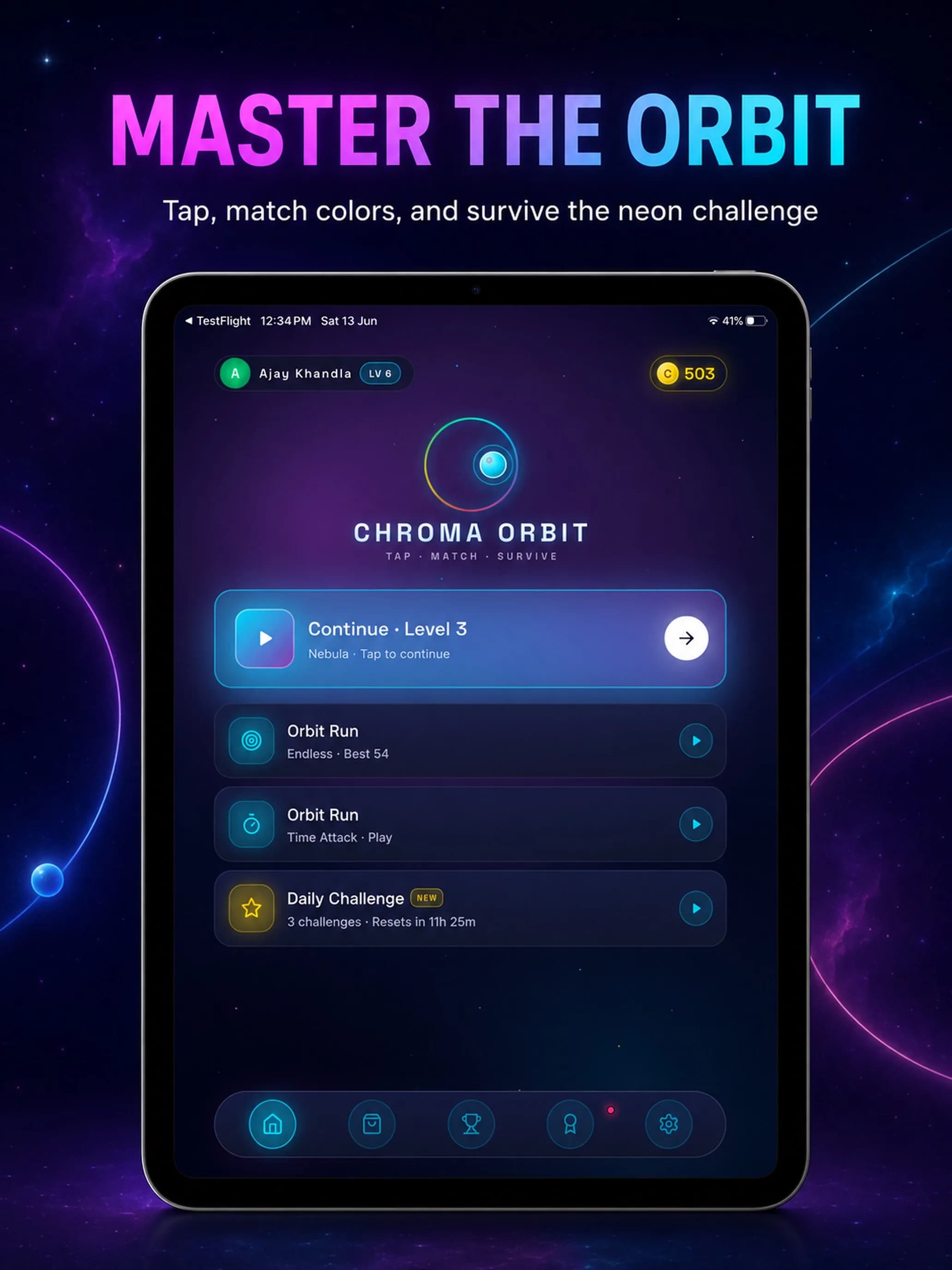 Chroma Orbit on iPad, screen 1