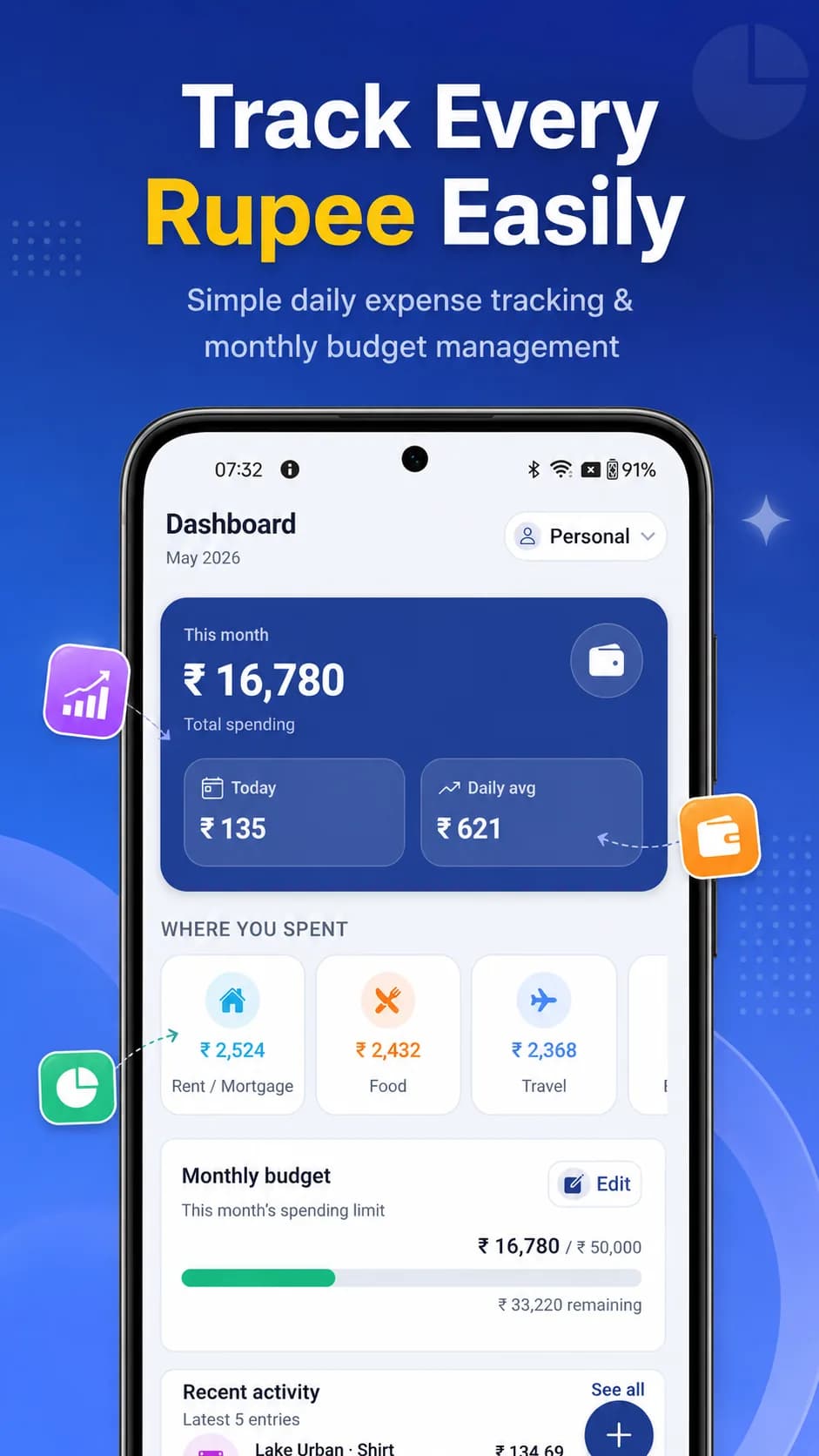 Expense Book on Android phone, screen 1