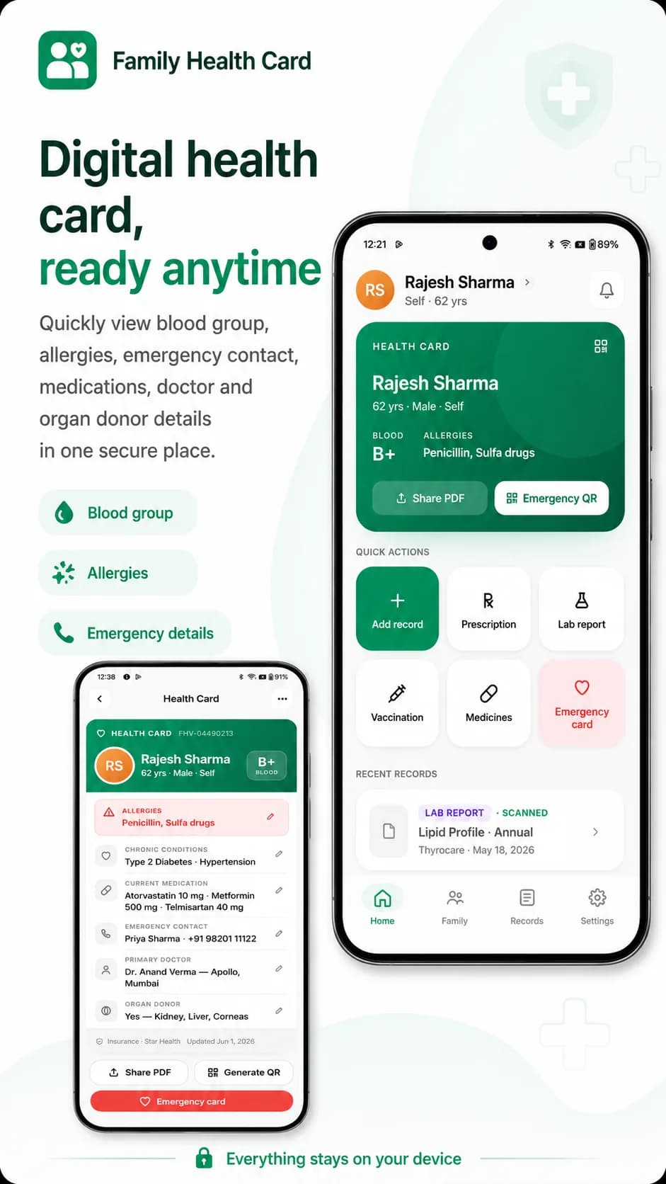 Family Health Card on Android phone, screen 1