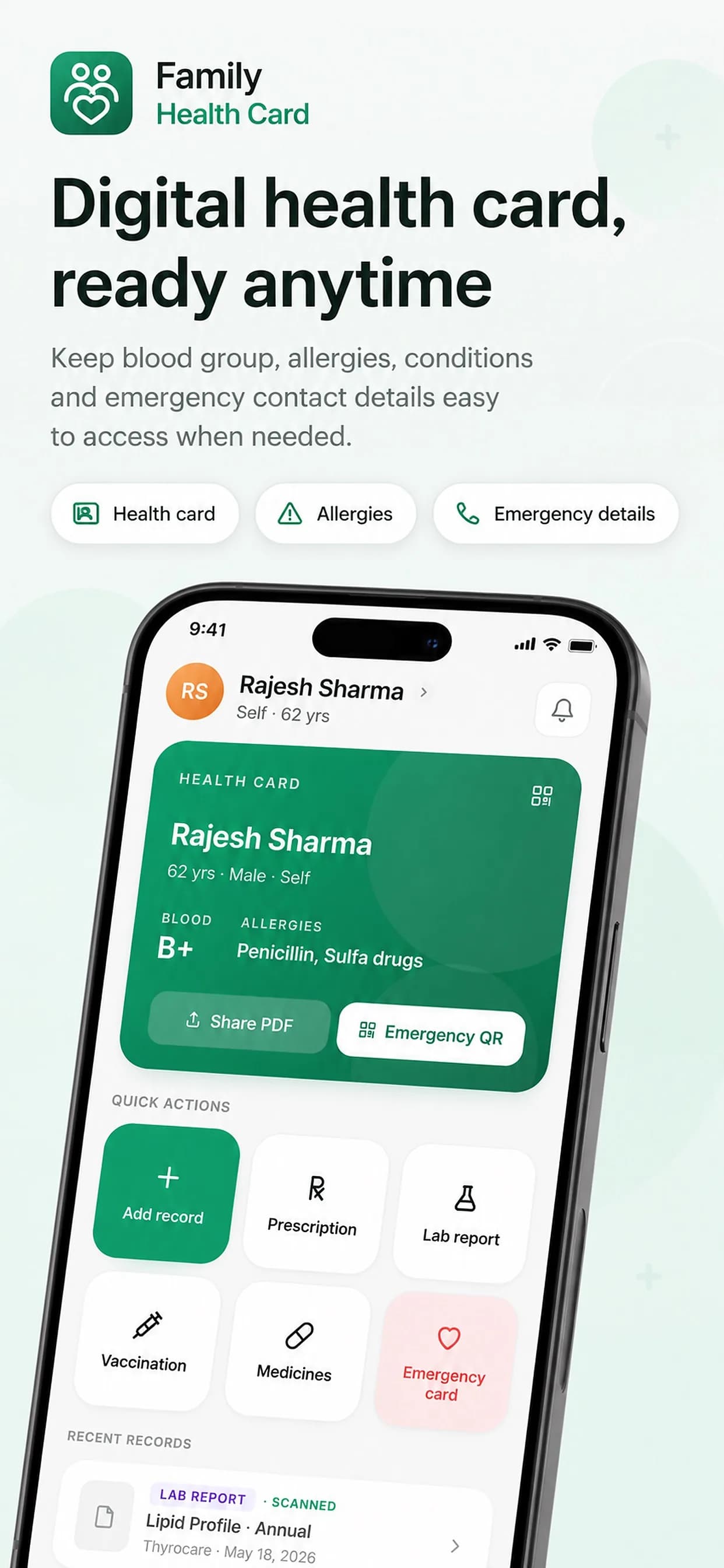 Family Health Card on iPhone, screen 1