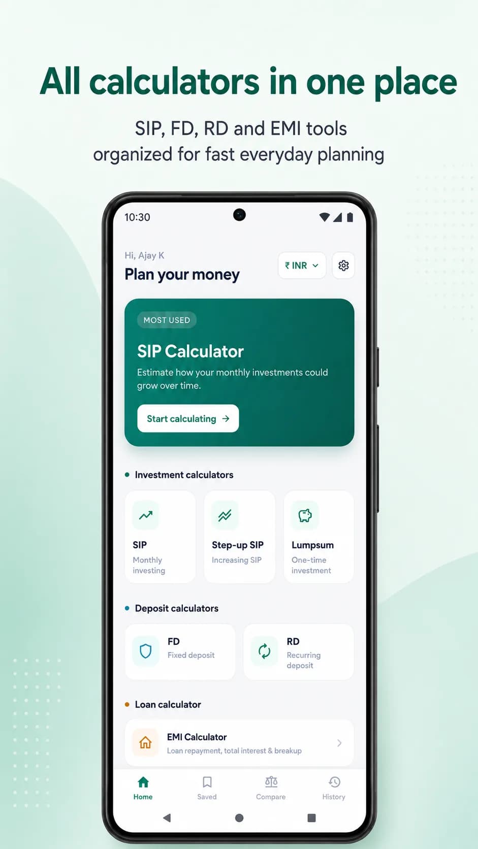 FinCalc on Android phone, screen 1