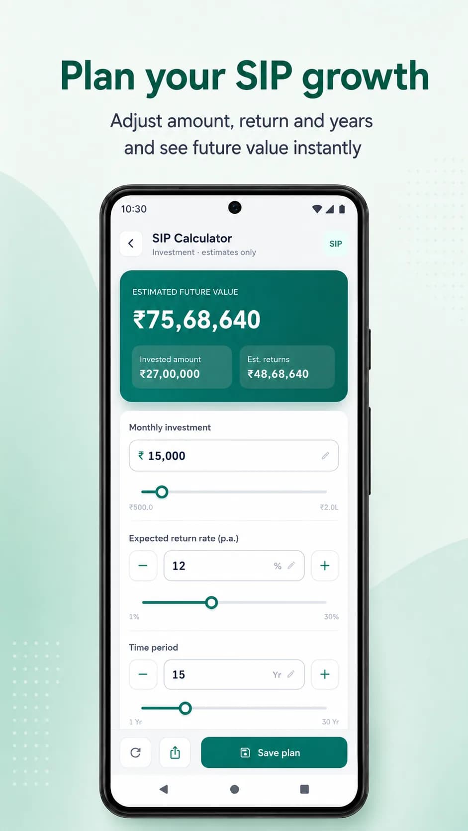 FinCalc on Android phone, screen 2