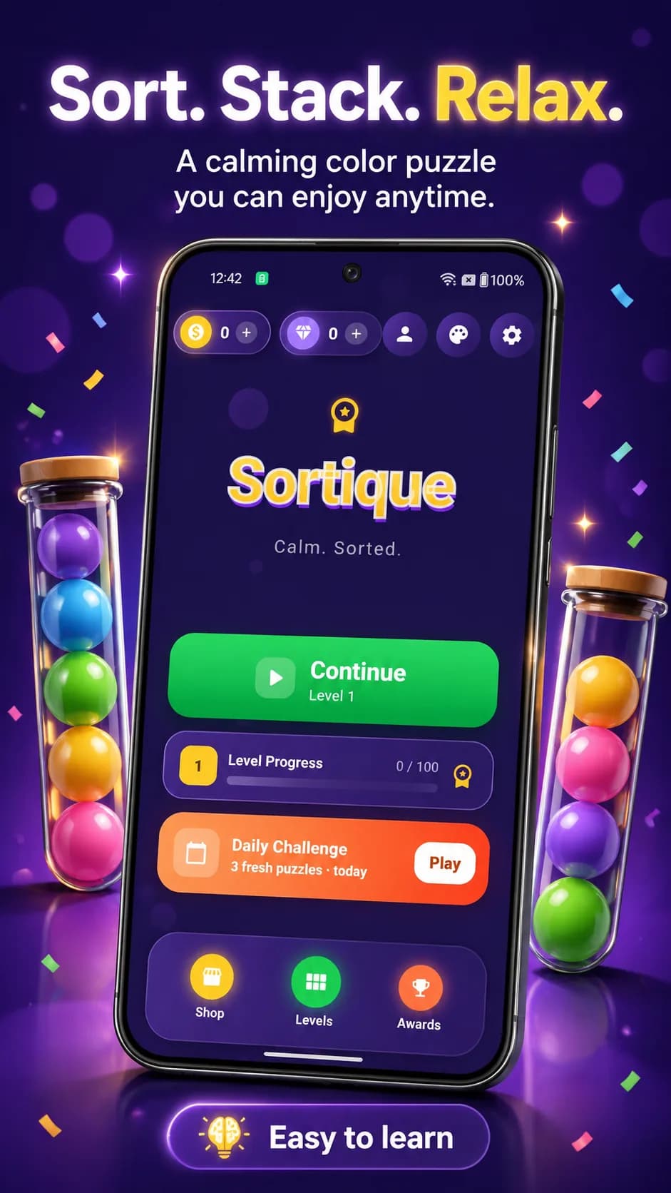 Sortique on Android phone, screen 1