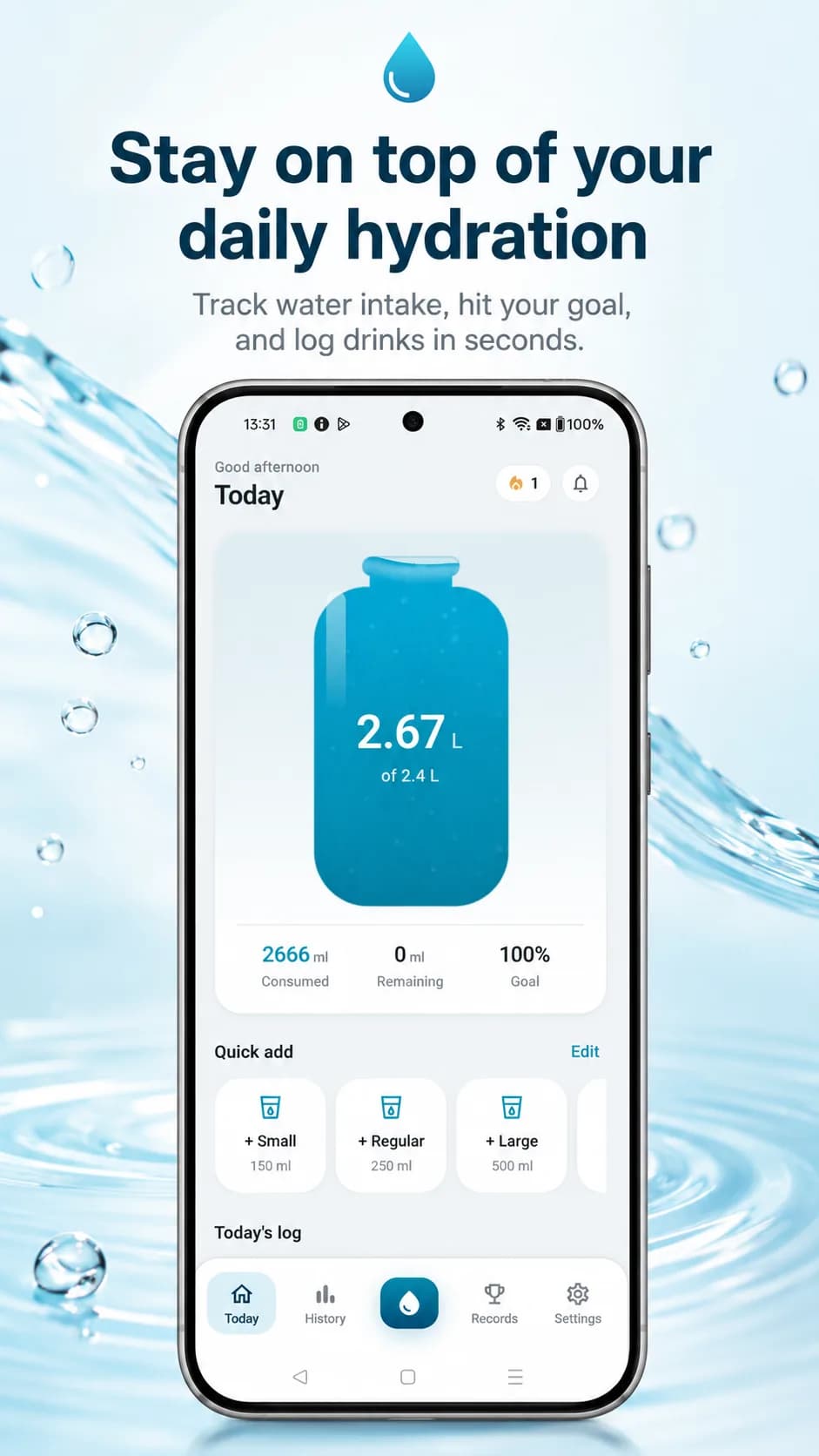 Water Tracker on Android phone, screen 1