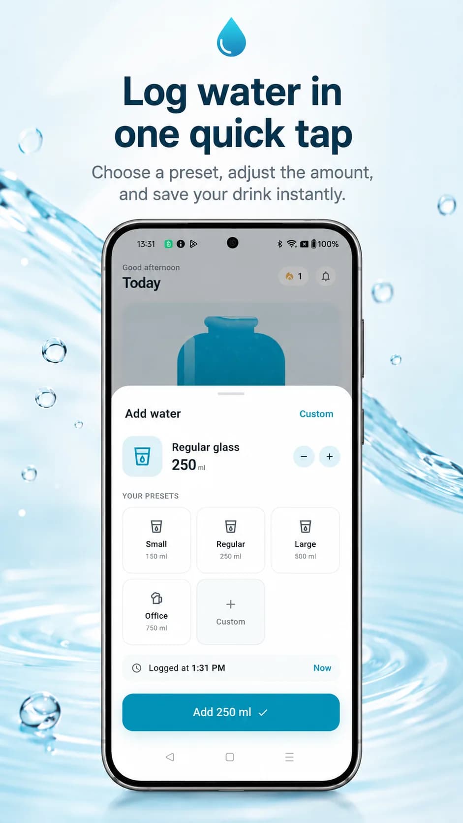 Water Tracker on Android phone, screen 2