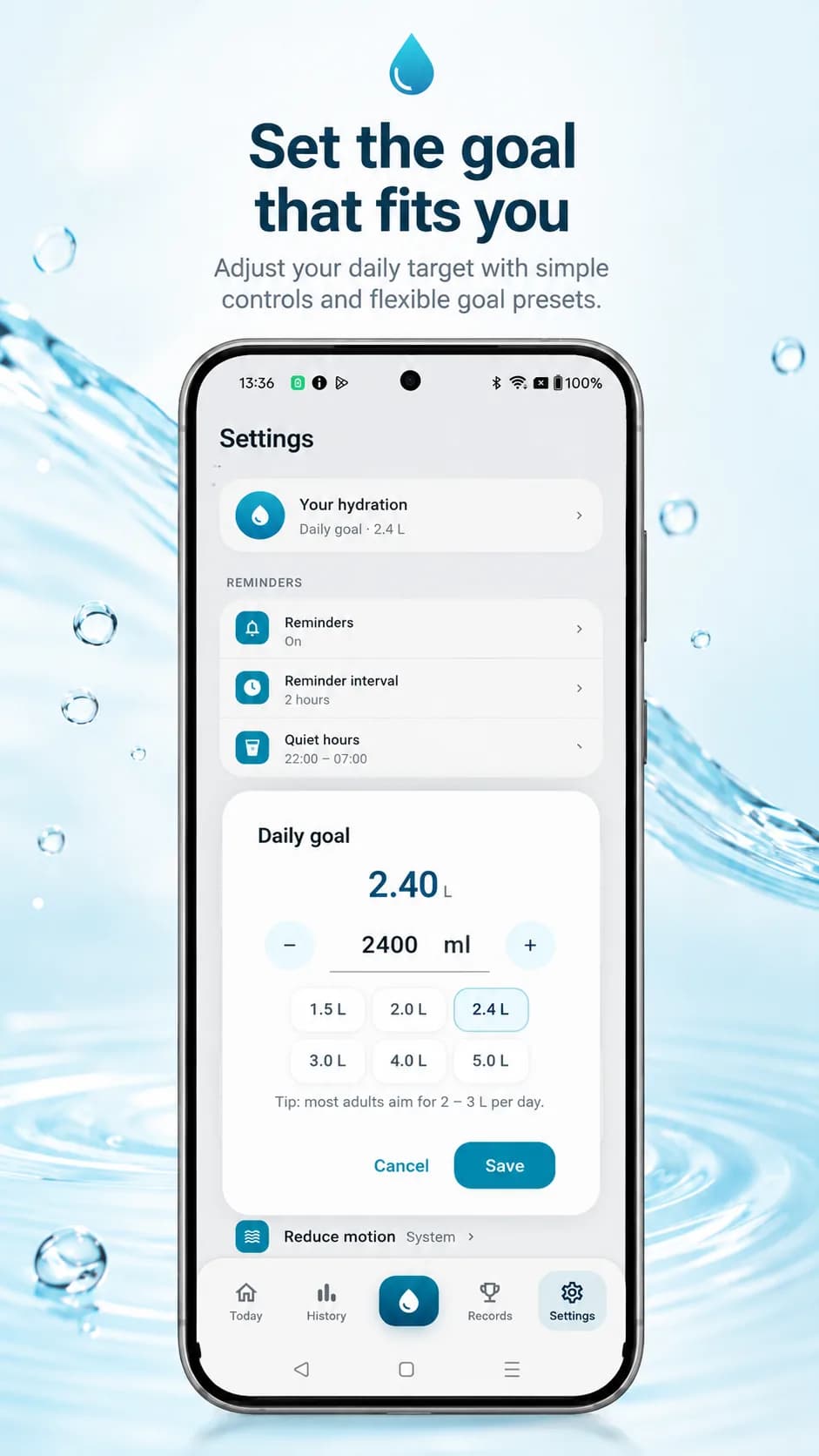 Water Tracker on Android phone, screen 4