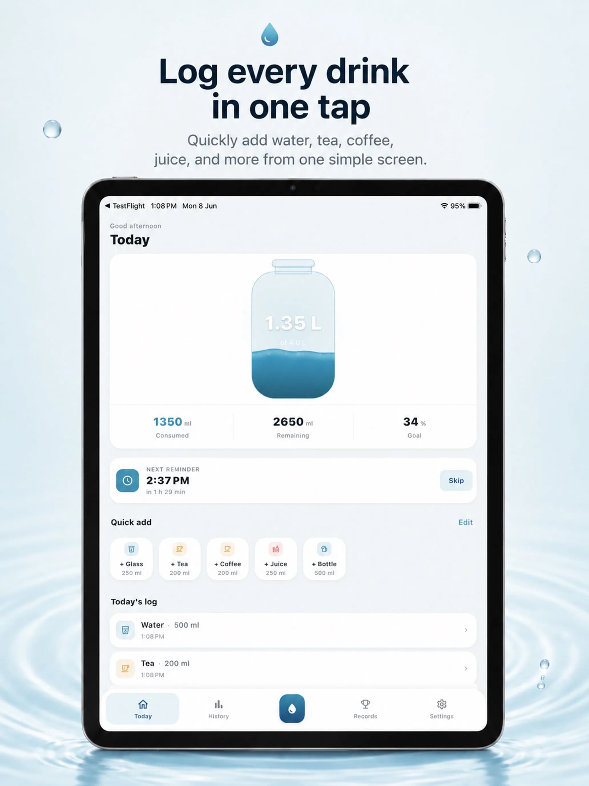 Water Tracker on iPad, screen 1