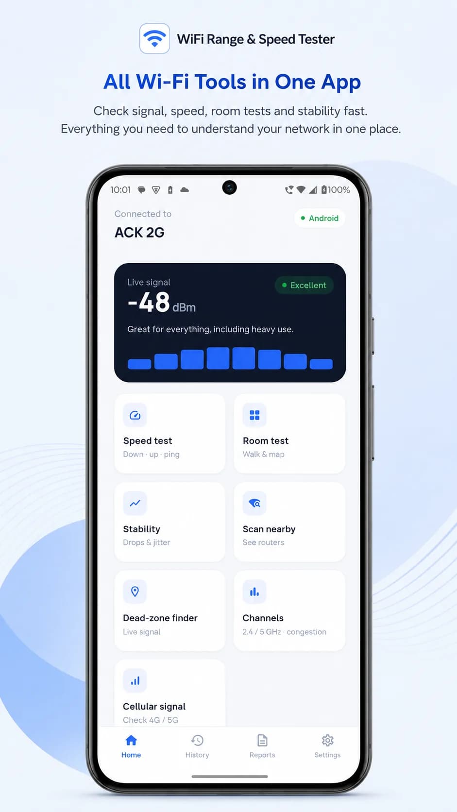 Wi-Fi Range & Speed Tester on Android phone, screen 1