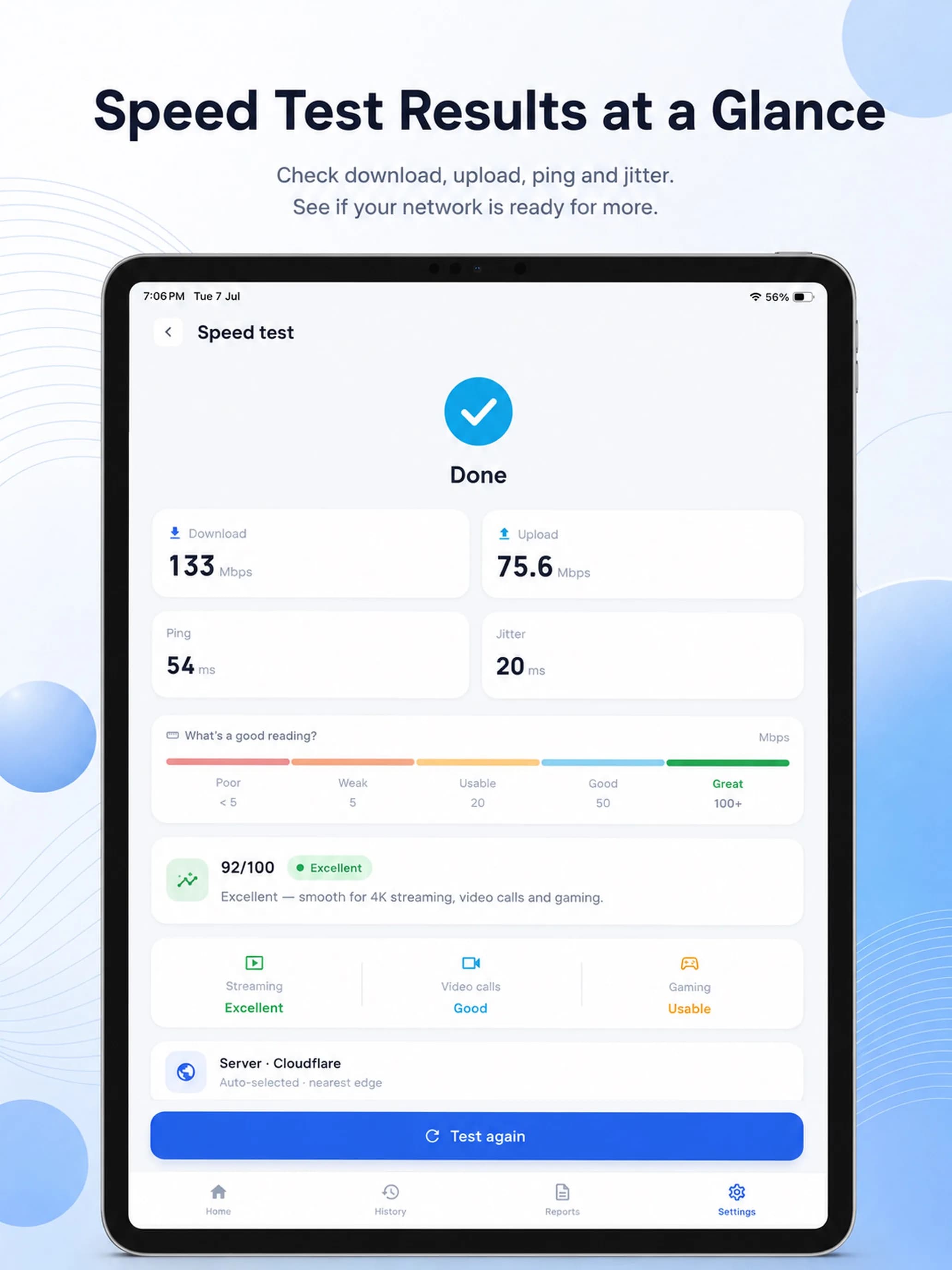 Wi-Fi Range & Speed Tester on iPad, screen 1