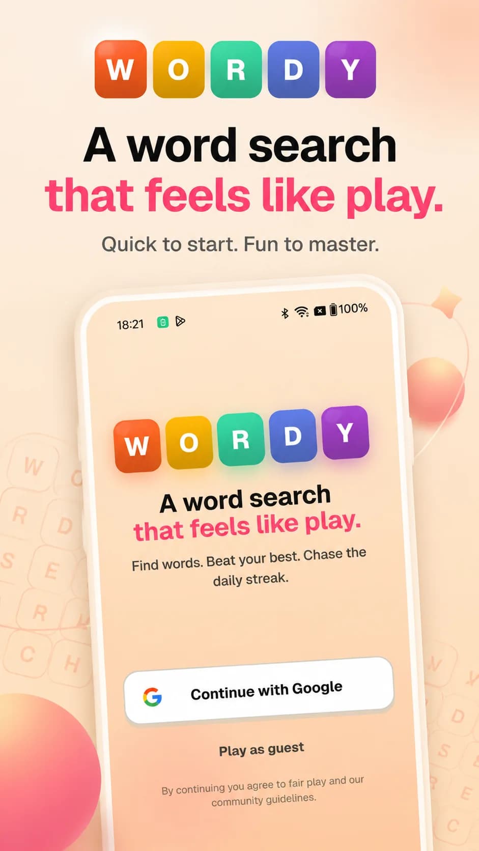 Wordy on Android phone, screen 1